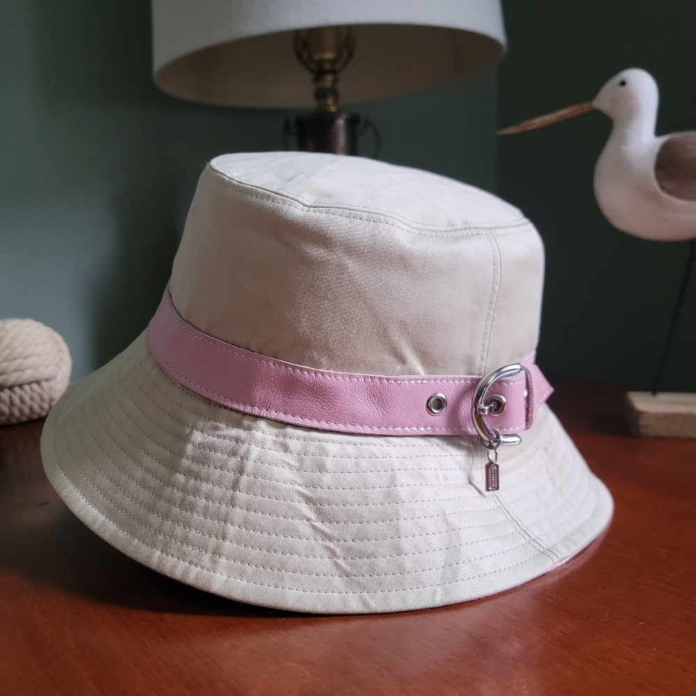 Coach Soho Bucket Hat Khaki Pink Canvas Leather Hat Y2K